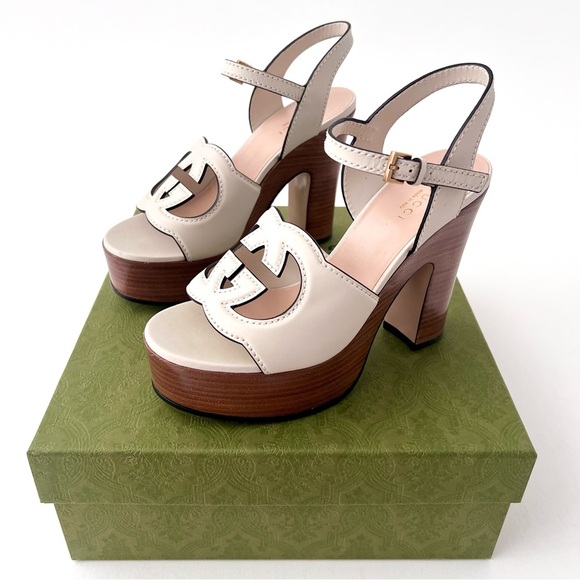 GUCCI | Interlocking GG White Chunky Platform Sandal Wood Heel Cosmos Softy 36 - Picture 2 of 13